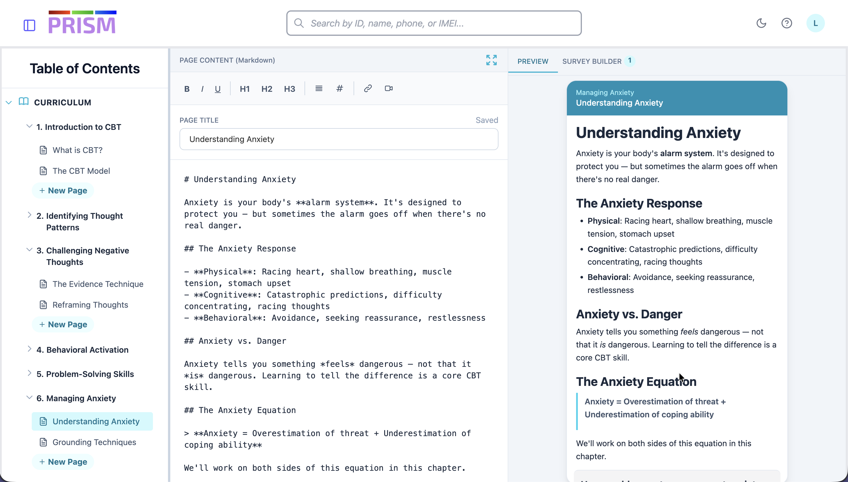 CBT content editor with markdown and live preview