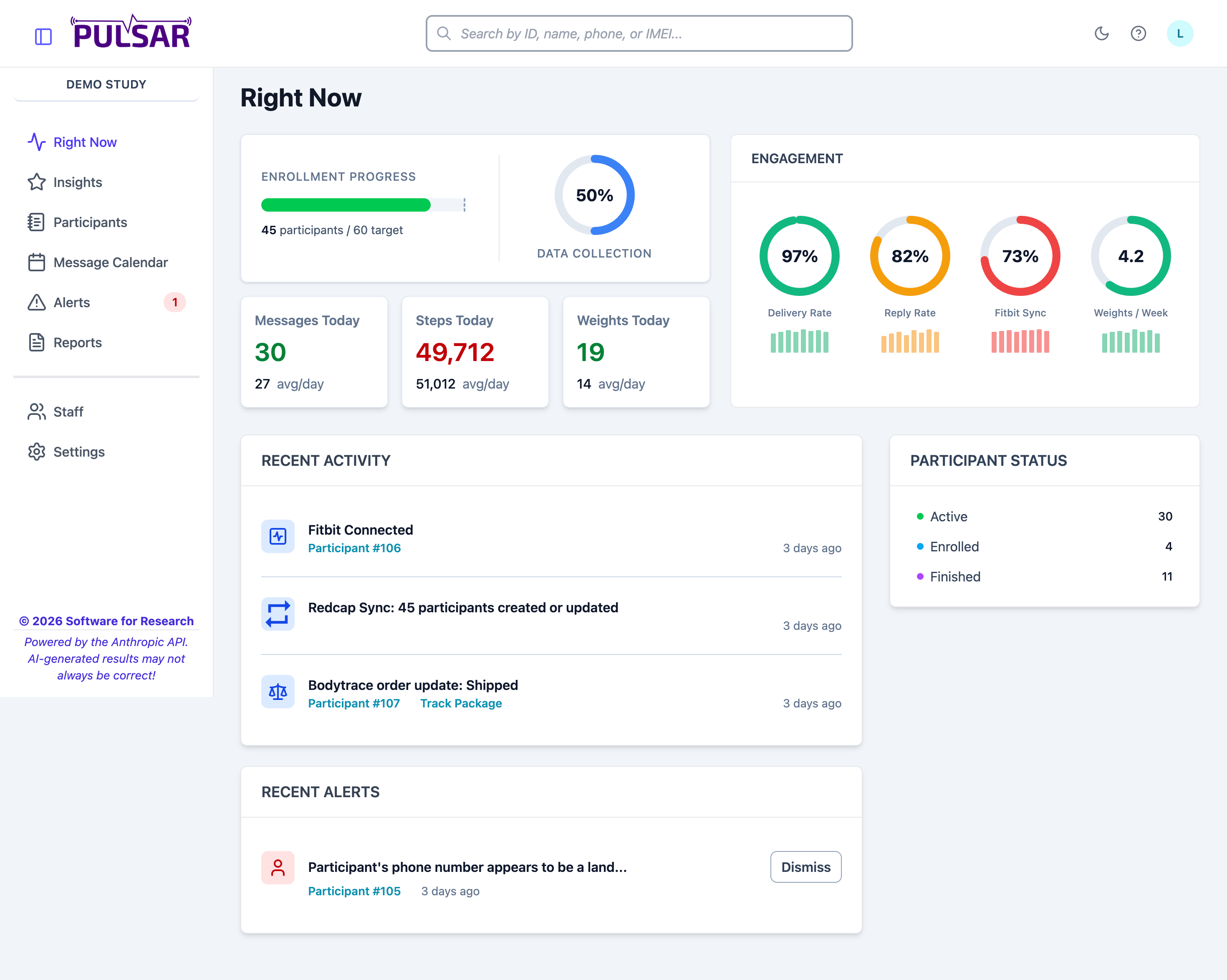 Pulsar Right Now Dashboard showing enrollment, engagement rings, daily stats, activity feed, and alerts