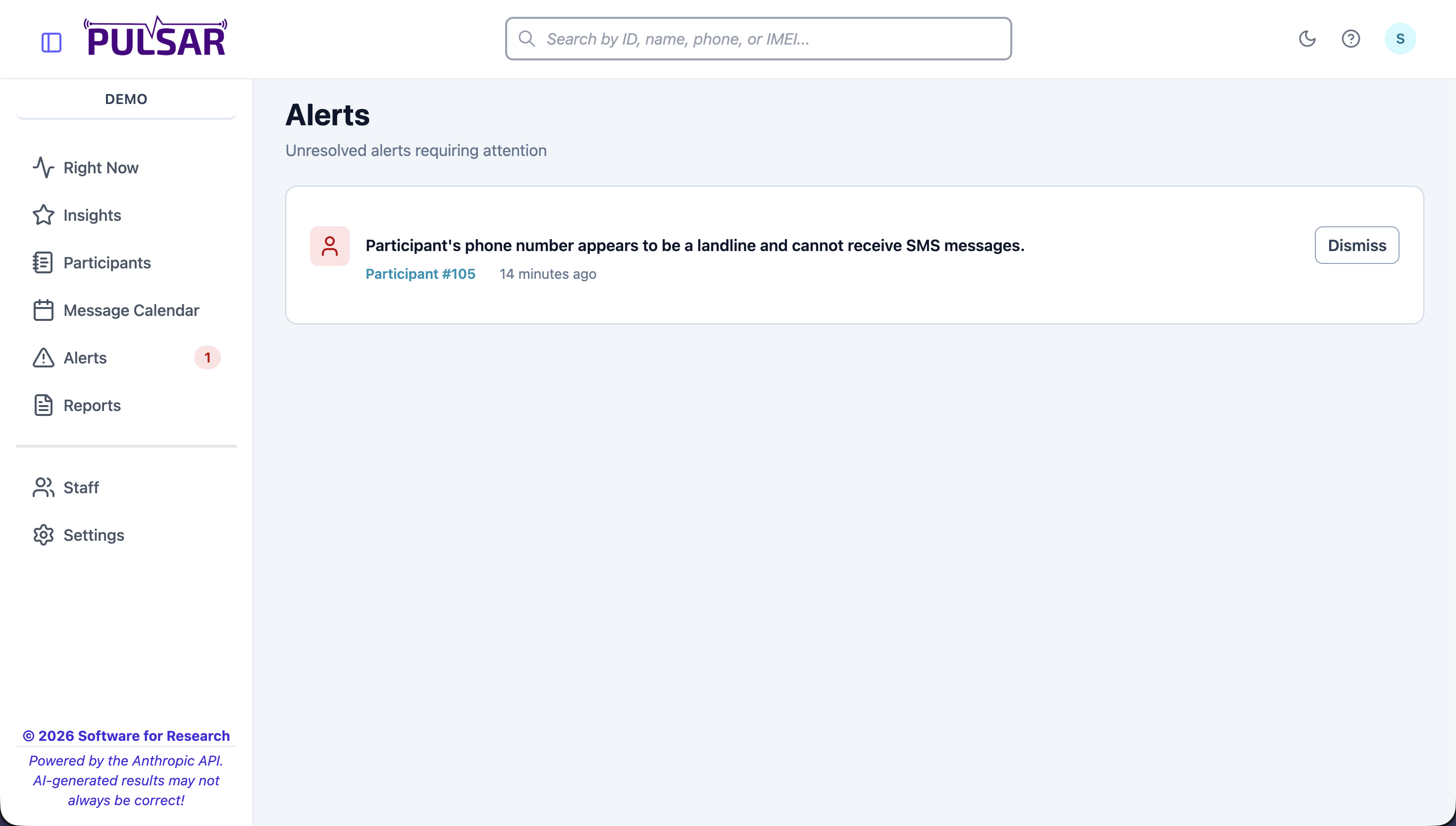 Pulsar alerts page showing landline detection alert with dismiss action
