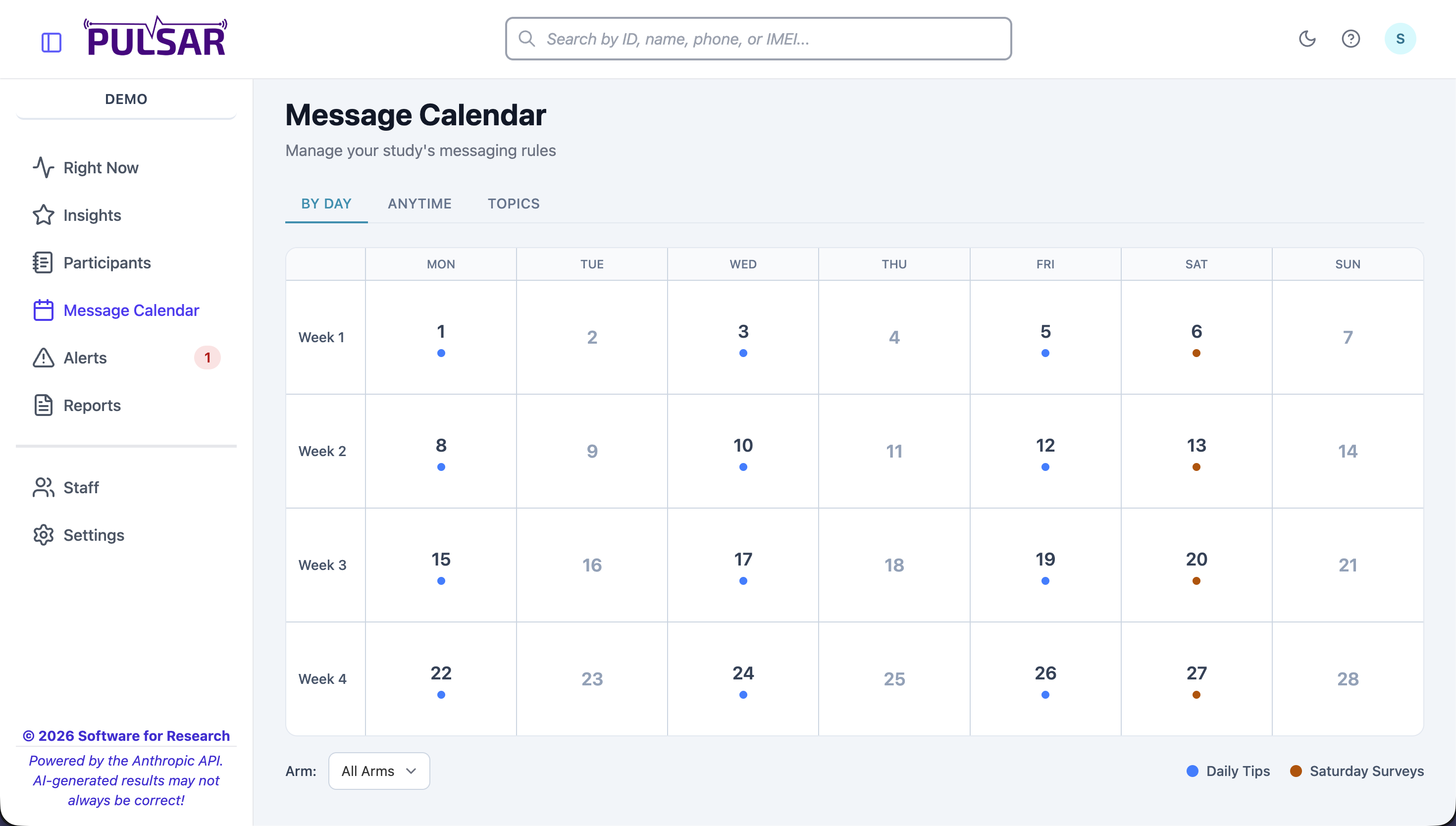 Pulsar message calendar showing week grid with color-coded topic dots