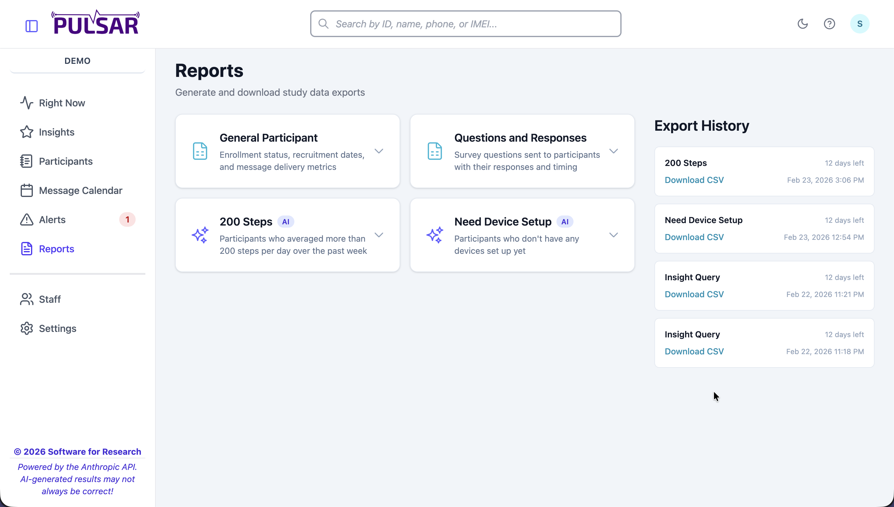 Pulsar reports page with standard and AI-generated reports and export history