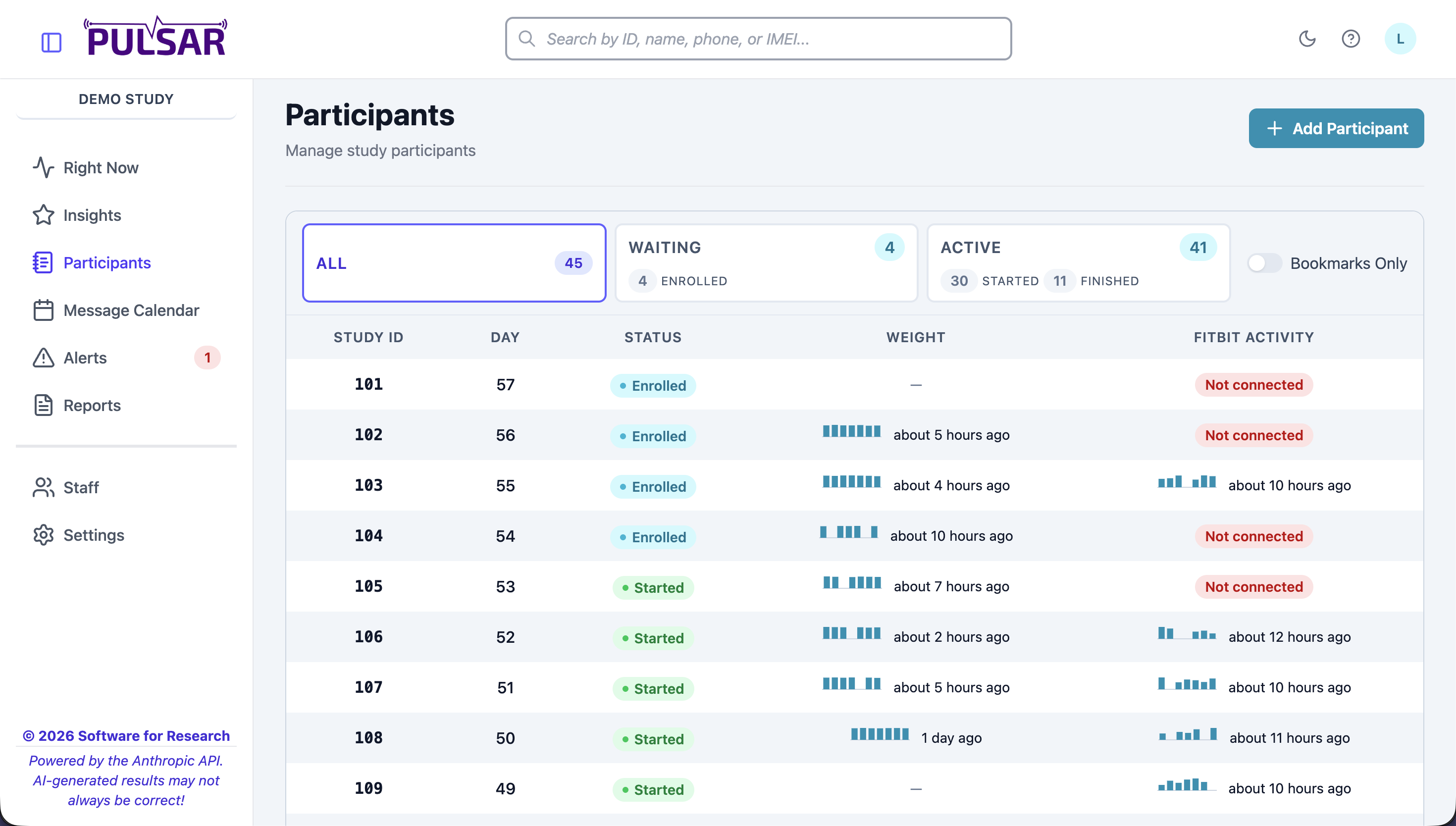 Pulsar participant roster with status filtering, weight sparklines, and Fitbit sync badges